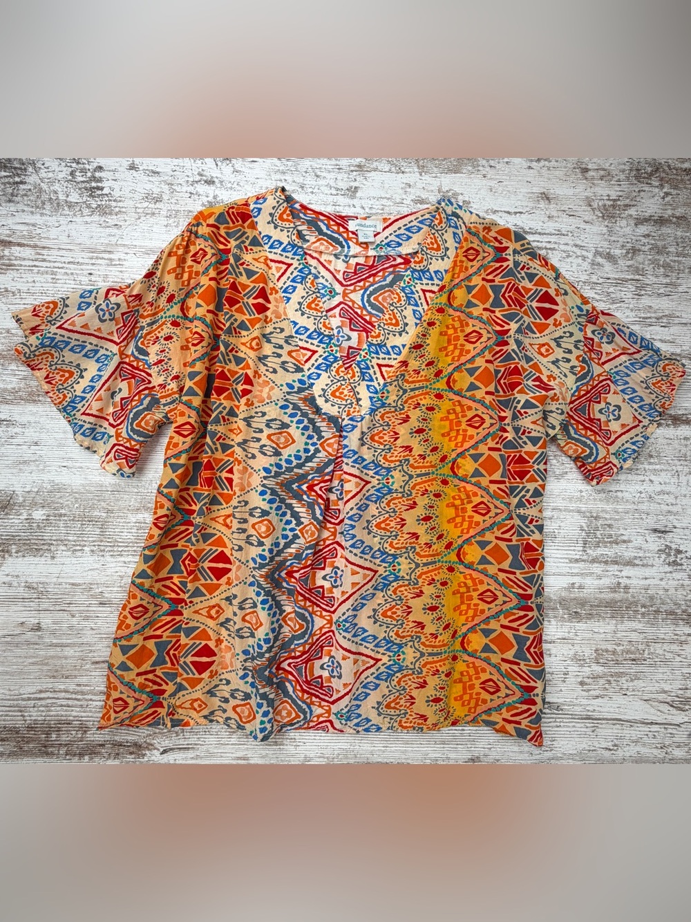 Sundance Colorful Boho Print V-Neck Blouse - Orange, Red, Blue GUC sz XL
